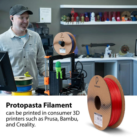 Protopasta Filament 1.75mm red PLA 500g spool on a 3D printer for creating durable parts with consumer 3D printers.