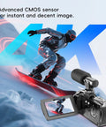 4K Video Camcorder For YouTube Vlogging with snowboarding image showing 36MP photos, 3 Inch IPS Flip Screen, external mic, 270 degree rotating display