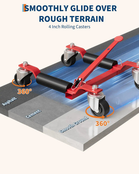 Heavy Duty Car Dolly Jack Four Pack With 6000 Lbs Capacity, showing 4 inch rolling casters gliding over asphalt, cement, and smooth surfaces.