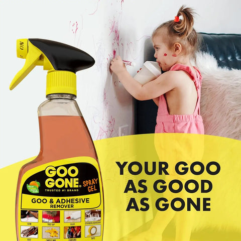 Child drawing on wall next to Adhesive Remover Gel Spray With Scraper 12 Oz For Glue, Stickers, Tape Residue, Gum, Grease, and Wax bottle.