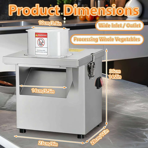 Front view of stainless steel 4-in-1 commercial vegetable processor with wide inlet
