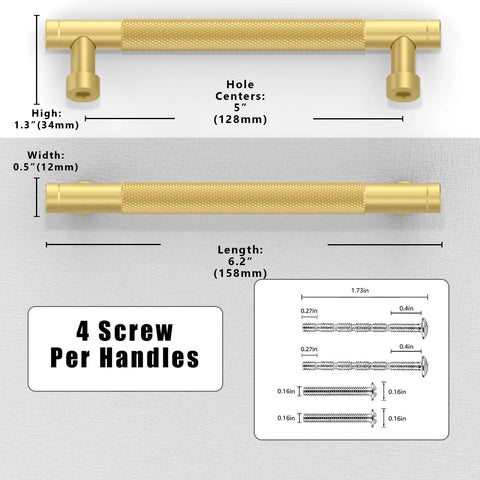Diagram of 10 Pack Brushed Gold Knurled Cabinet Pulls 5 Inch 128mm with dimensions and screw details, ideal for kitchen cabinets.