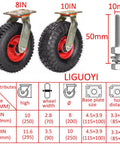 Kickass Industrial Pneumatic Casters With Locking Brake Set Of 4 Smooth Rolling Rubber Wheels For Hand Trucks Carts 8 Or 10 Inch Sizing with detailed dimensions.