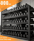 Heavy Duty Garage Shelving Units With Built Tough Storage Rack and Beefed Up Black Metal Frame For Garages And Workshops Supporting 5000 Lbs Load across five tiers with dumbbells.