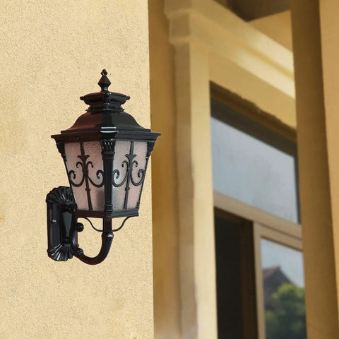 Hardcore Rustic Black Wall Lantern And Outdoor Wall Sconce With All Season Weather Proof Design For Front Porch Patio Entryway vintage wall light mounted on beige wall.