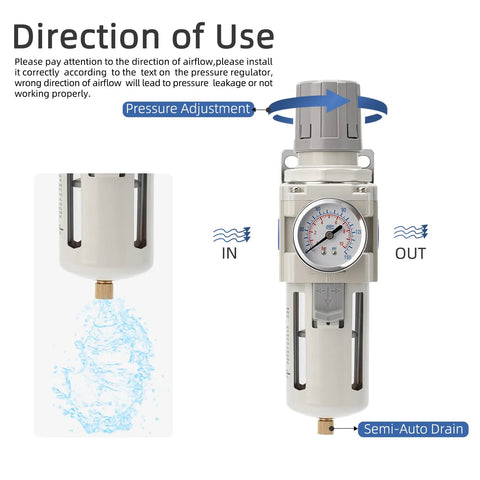Instruction diagram for Industrial Air Compressor Filter Regulator Combo 3/8 Inch NPT 0-150 PSI with semi-auto drain feature.