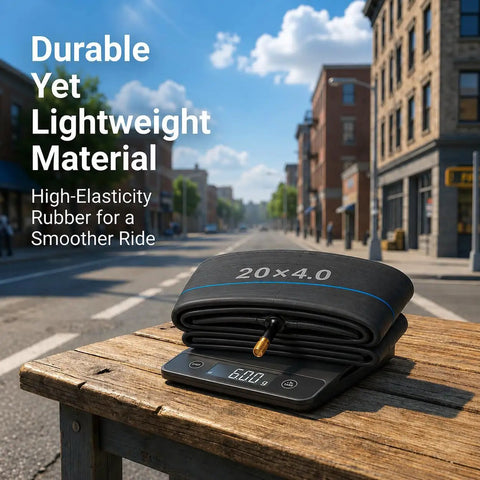 Beefy Heavy Duty Fat Bike Inner Tube 20x4.0 with Schrader valve, durable butyl rubber, on digital scale, street background