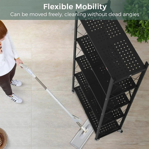 Super Durable Triple Tier Metal Wire Shelf That Is Hella Versatile For Kitchen Pantries Garages And Bedrooms Easy Foldable Design Makes Clutter Disappear Fast with flexible mobility for easy cleaning.