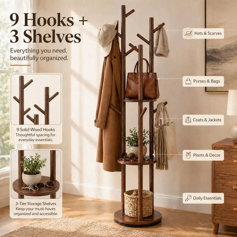 Rotating Coat Rack Freestanding With 9 Hooks And 3 Shelves, Heavy-Duty Rubberwood Hall Tree In Walnut Finish, loaded with items.
