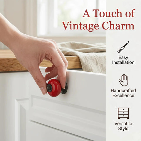 Slick Red Ceramic Cabinet Knobs With Top Notch Retro Flair For Kitchen Cupboards And Dressers One Point Five Inch Round knob installation.