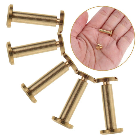 10 Piece Set Of Golden Copper Binding Screws For Scrapbooking And Bookbinding Projects Heavy Duty Craft Rivets shown in hand and display