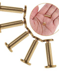 Top Shelf Ten Piece Copper Binding Screws Kit For Leather Repair And Book Binding Screw Post Bolts With Slick Patina Finish And Legit Strong Hold For Photo Albums And Crafts, showing six copper binding screws with a close-up of one in hand.