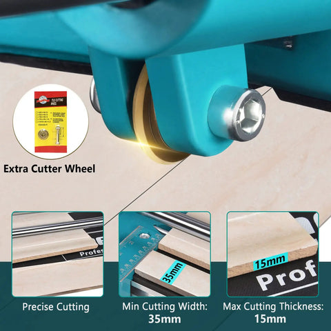 Close-up of 24 Inch Manual Tile Cutter with Tungsten Carbide Scoring Wheel showing cutting details and extra wheel.