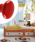 Totally Rad Red Ceramic Drawer Knobs With Funky Mushroom Shape For Nailed It Nursery Setup, close-up of red mushroom knob in kids room.