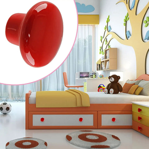 Totally Rad Red Ceramic Drawer Knobs With Funky Mushroom Shape For Nailed It Nursery Setup, close-up of red mushroom knob in kids room.