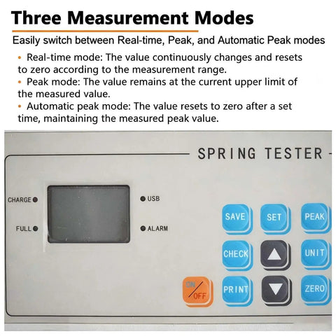 Digital display interface of Badass Digital Force Push Pull Tester For Spring Compression And Extension Testing, showing measurement modes.