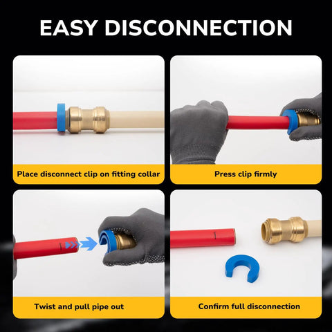 Steps to disconnect 3/4 inch push-to-connect ball valve with disconnect clip, showing tool-free removal process for piping.