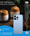 Milk Frother Handheld Electric Blender Stick With Double Coil Stainless Steel Whisk, Battery Operated Foam Maker, shown with phone for size