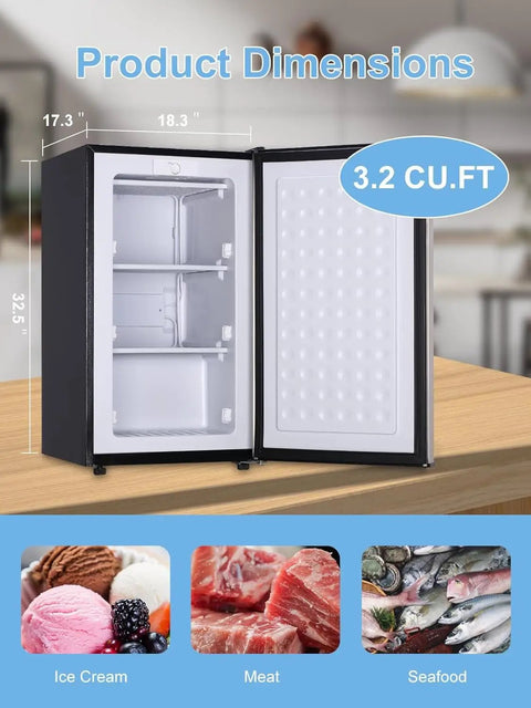 Sleek 3.2 Cu Ft Upright Mini Freezer With Adjustable Removable Shelves And Dope Silver Cabinet, showcasing interior dimensions and food options.
