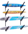Badass 4 Tier Horizontal Surfboard Wall Mount Rack Adjustable Height Metal Organizer showing four surfboards on garage wall.
