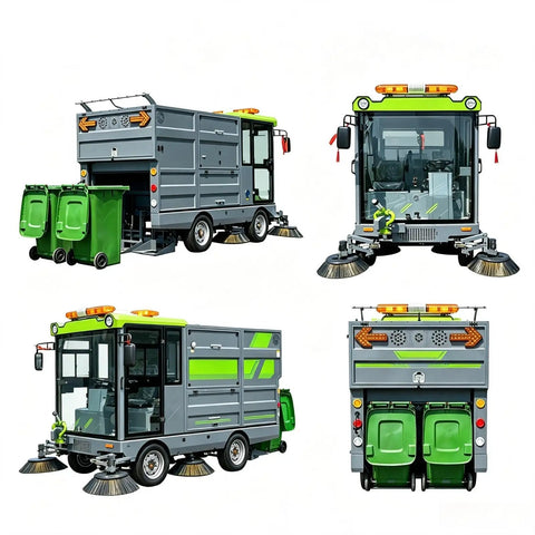 Heavy Duty Industrial Floor Sweeper Machine For Warehouses And Factories, compact commercial sweeper with side brushes and green bins.
