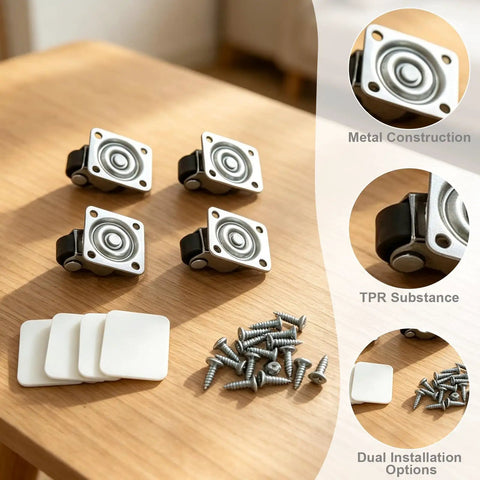 Premium Mini Swivel Casters 4 Pack No Drill Furniture Wheels in metal and TPR, screws and installation pads on wood surface.