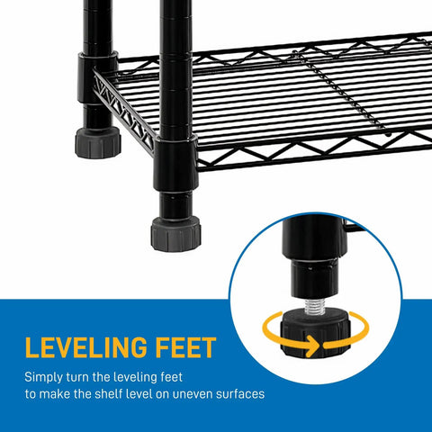 Heavy Duty Hella Sturdy Four Tier Metal Wire Shelving Unit With Adjustable Shelf Levels Badass Black Steel Storage Rack leveling feet detail for stability