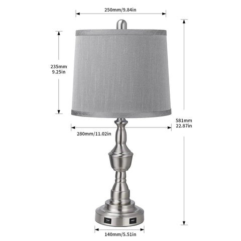 Gray fabric shade table lamp with silver base and dual USB ports, part of Table Lamps For Living Room Set Of 2 With 3-Way Dimmable Touch Control.