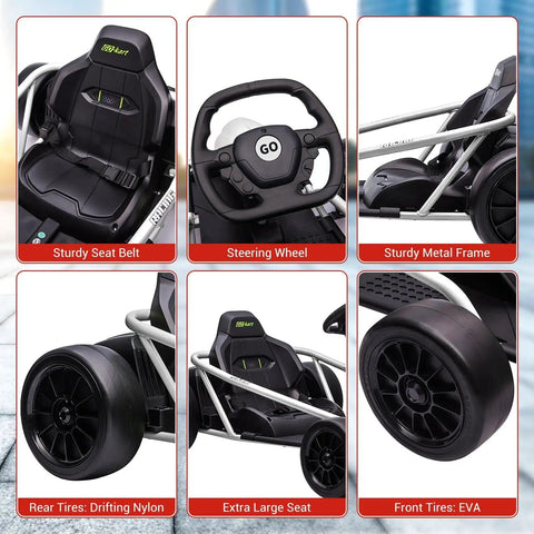 Features of 24V Kids Electric Go Kart With Dual 250W Motors And 9Ah Battery, showing seatbelt, steering wheel, frame, and tires.