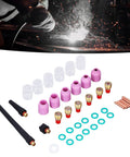 Rock Hard TIG Welding Torch Accessory Kit Features Pro Grade Collets Gas Lens Assembly And Ceramic Cups For WP9 WP20 WP25 Plus Shop Ready Gear That Slams Through Any Daily Grind Without Flaking Out, showing purple and clear gas cups.