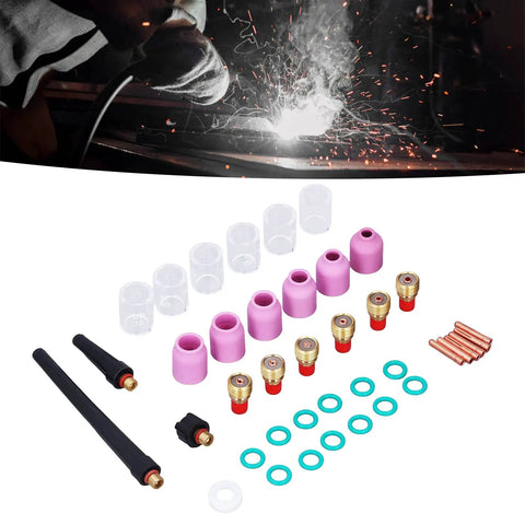 Rock Hard TIG Welding Torch Accessory Kit Features Pro Grade Collets Gas Lens Assembly And Ceramic Cups For WP9 WP20 WP25 Plus Shop Ready Gear That Slams Through Any Daily Grind Without Flaking Out, showing purple and clear gas cups.