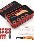 Precision 608 Skateboard Bearings With Red Rubber Seals Roll Clean On Rough Asphalt High Load Cage Takes Gnarly Landings Smooth As Butter Built Tough For Street Sessions Eight Pack in a red metal tin with tools.