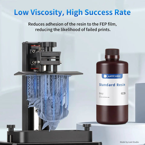 Top Shelf 3D Printer Resin In Smooth Grey Finish Hella Precise 405 Nm Uv Curing Formula For SlA Lcd Msla Machines Quick Cure With Low Shrinkage And Killer Surface Detail One Kilogram Pack next to a 3D printer with part in progress.