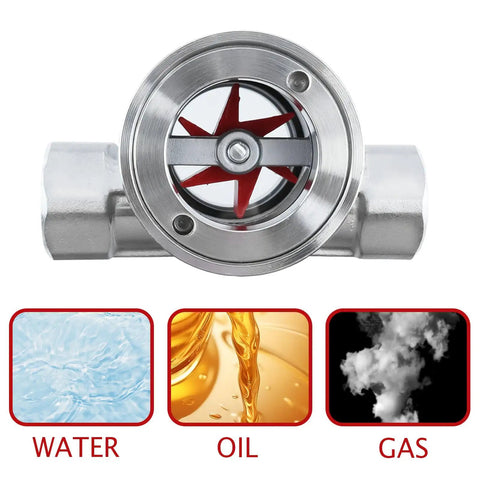 Half Inch Npt Female Flow Indicator with Window Sight Glass and Impeller for water pipes, featuring stainless steel and visible flow options