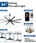 84 Inch Ceiling Fan With Lights Remote And App Control, black industrial motor, dimension details, mounting, room size guide