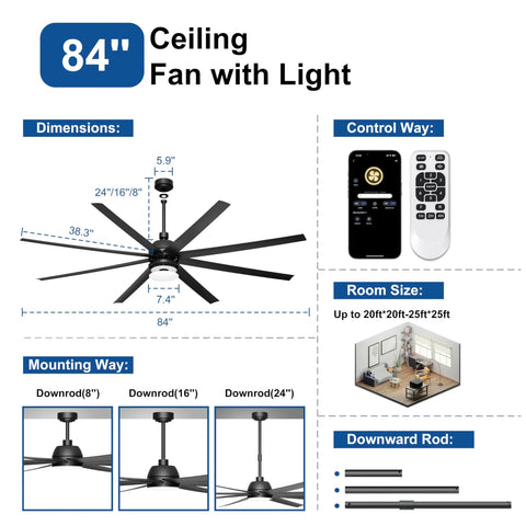 84 Inch Ceiling Fan With Lights Remote And App Control, black industrial motor, dimension details, mounting, room size guide