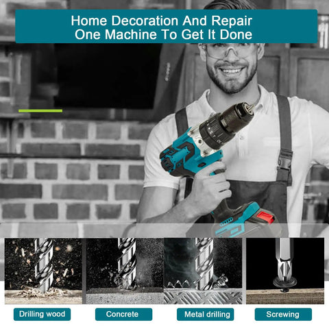 Badass Cordless Drill Driver And Electric Screwdriver With 25 Plus 1 Torque Clutches showing drilling tasks and features.