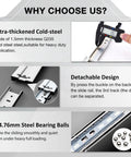 Heavy Duty Full Extension Drawer Slides Ball Bearing Side Mount Rails Built Tough For Heavy Loads And Smooth Pulls Rock Solid Setup, showcasing cold-rolled steel and bearing balls.