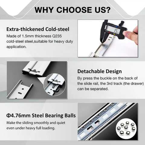 Heavy Duty Full Extension Drawer Slides Ball Bearing Side Mount Rails Built Tough For Heavy Loads And Smooth Pulls Rock Solid Setup, showcasing cold-rolled steel and bearing balls.