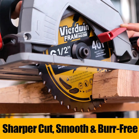 Heavy Hitter 6 1/2 Inch 40 Tooth Carbide Circular Saw Blade Featuring Rock Solid Anti Vibration Design And Non Stick Coating For Smooth Wood Plywood Mdf And Osb Cuts mounted on a saw cutting through wood.