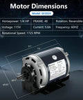 Premium One Quarter Hp Belt Drive Blower Fan Motor With 115 V 1725 Rpm And 48 Frame For Hvac Units, showing detailed motor dimensions.