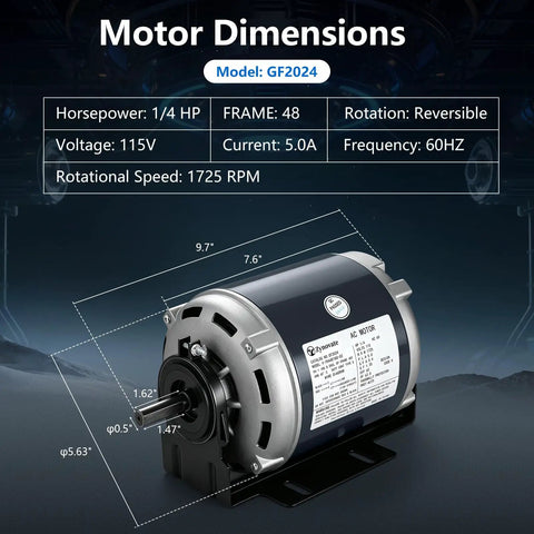 Premium One Quarter Hp Belt Drive Blower Fan Motor With 115 V 1725 Rpm And 48 Frame For Hvac Units, showing detailed motor dimensions.
