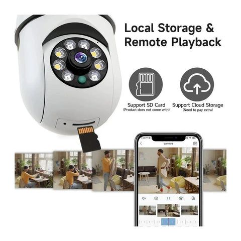 Badass 8MP Smart PTZ WiFi Security Dome Camera delivers smooth 360 views with SD card slot for local storage and remote playback.