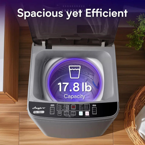 Full Automatic Portable Washer And Spinner Combo Featuring Ten Custom Wash Cycles And Eight Water Levels No Fuss Plug In Design For Tight Apartments And RV Quarters Heavy Duty Load Handling Sweet Space Saver Grey showing 17.8 lb capacity.