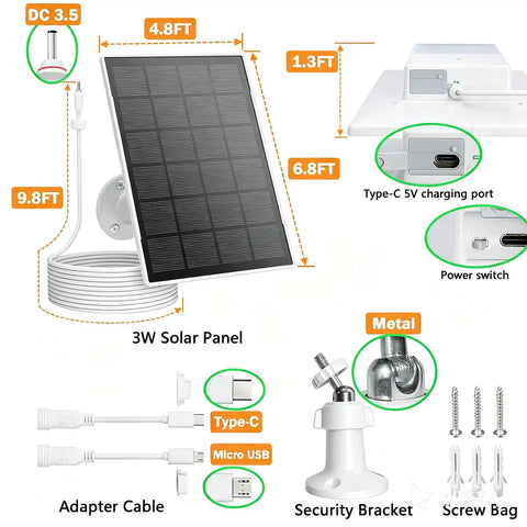 6000 Mah Solar Panel With Built In Battery For Security Cameras 3W Output showing panel dimensions, ports, and accessories for installation.