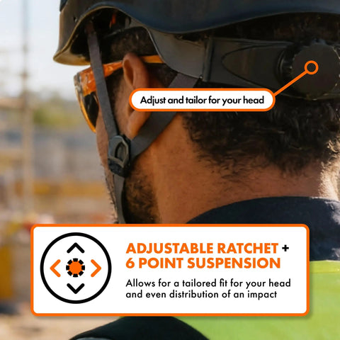 Close-up of Worksite Ready Lightweight Hard Hat With ANSI Z89.1 Type 1 Class E Safety OSHA Compliant Red ABS Helmet showing adjustable ratchet and 6-point suspension for custom fit.