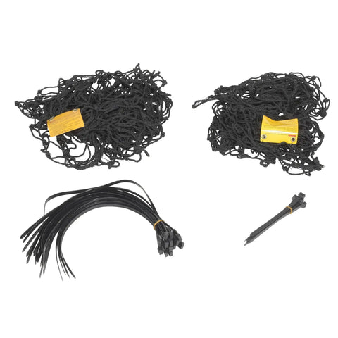 Rock Solid Nylon Pallet Rack Netting Duo includes two black nylon nets and setup ties, ideal for heavy duty warehouse safety.