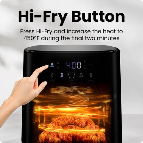 Compact Four Quart Air Fryer With Digital Touchscreen and Four Smart Presets, showcasing Hi-Fry button and crispy chicken.
