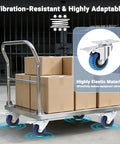 Platform cart with boxes using 4 Inch Soft Rubber Caster Wheels With Brakes Heavy Duty Plate Swivel Castors Industrial Grade 1800 Lb Capacity Blue Floor Safe Casters For Road Cases Dollies Equipment And Machinery Cushioned Shock Absorption For Smooth Quiet Rolling, vibration-resistant feature highlighted