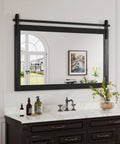 Top Tier Farmhouse Bathroom Mirror With Classic Barn Door Silhouette And Heavy Duty Black Metal Frame over sleek vanity, 39"x26" steel frame.